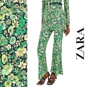 Zara Green Floral Flare Pants Size S